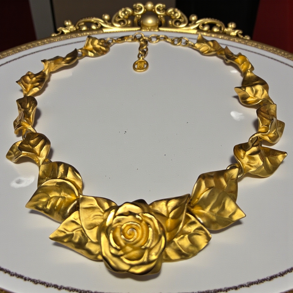 GIVENCHY Vintage 1980's Matte Gold Roses & Leaves Statement Necklace
